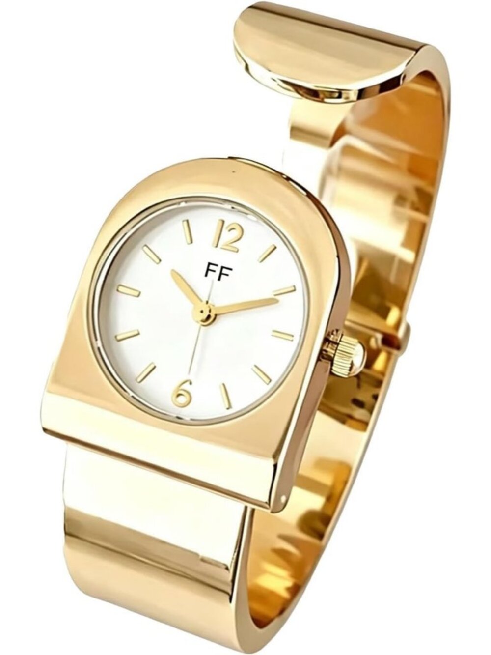 Women's Gold White  Minimalist Dial Open Bangle Retro Curved Case Quartz Watch